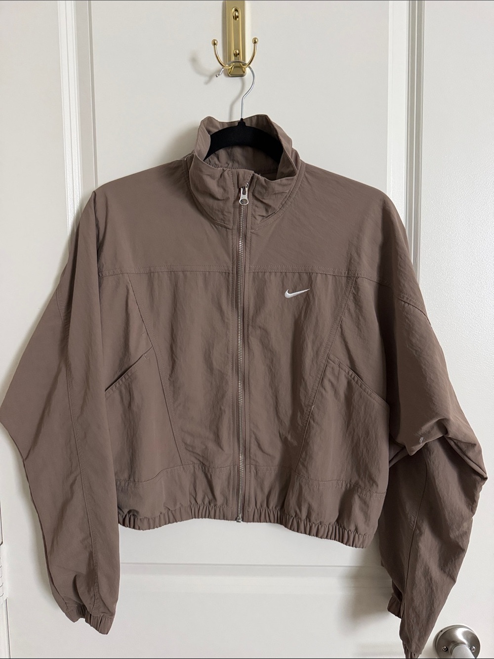 Nike Women's Taupe Bomber Jacket with White Swoosh